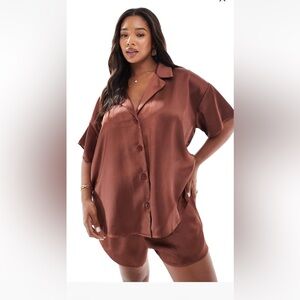 Brown Satin Button-Up Shirt set/ pajamas